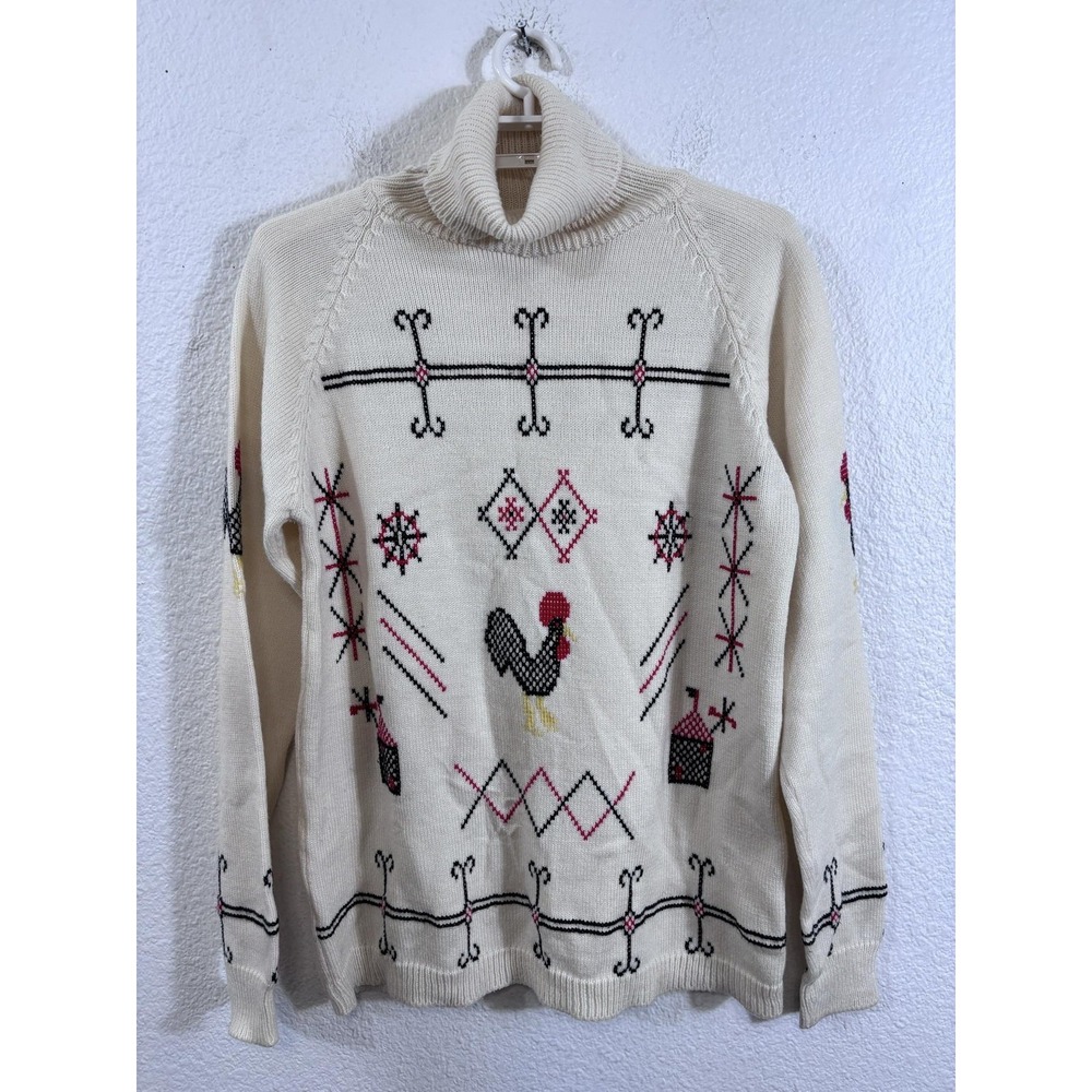 Vintage Sweater Womens Large White Rooster Fair Isle Turtleneck Knit Graphic